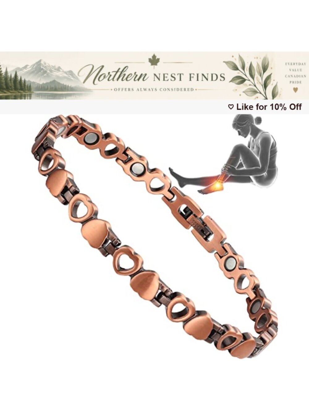 Pure Copper Magnetic Anklet Heart Design Adjustable Arthritis Therapy